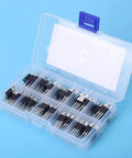 60 Piece Three Pin Transistor Assortment Kit Packing Top Shelf Semiconductor Gears And Beefy Noncontact Switch Blocks For Slick Workshop Mods Inside Neatly Sorted Plastic Crate, open case view.