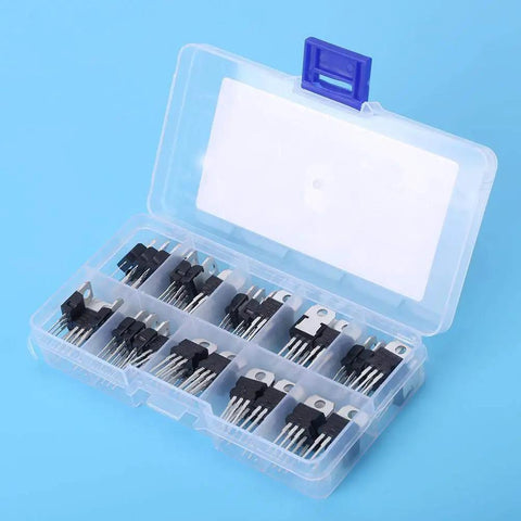60 Piece Three Pin Transistor Assortment Kit Packing Top Shelf Semiconductor Gears And Beefy Noncontact Switch Blocks For Slick Workshop Mods Inside Neatly Sorted Plastic Crate, open case view.