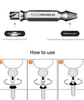 Five Piece Screw Extractor Set For Stripped And Damaged Screws And Bolts diagram showing tool usage and insert method