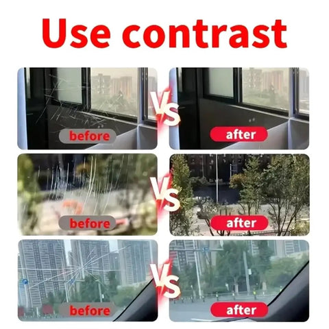 Image showing before and after effects of using Windshield Repair Fluid Quick Fix For Minor Cracks In Vehicle Glass Seals Cracks And Improves Night Driving Visibility Non Toxic Formula Easy Diy Auto Glass Repair Available In 30ml And 100ml Bottles on glass surfaces.