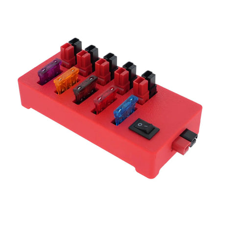 Red six way fused DC power splitter cable for ham radios and SDR transceivers, high current 0 to 20V 30A total, with switch and fuses.