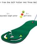 Indoor and Outdoor Golf Putting Practice Mat Set With 78 By 24 Inch Realistic Green, Pro Grade Adjustable Putter, 3 Balls, Training Cup and Flags For Easy At Home Golf Practice shown with putter and balls.