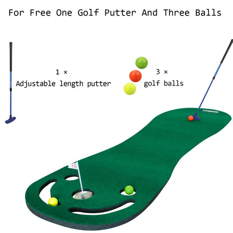 Indoor and Outdoor Golf Putting Practice Mat Set With 78 By 24 Inch Realistic Green, Pro Grade Adjustable Putter, 3 Balls, Training Cup and Flags For Easy At Home Golf Practice shown with putter and balls.