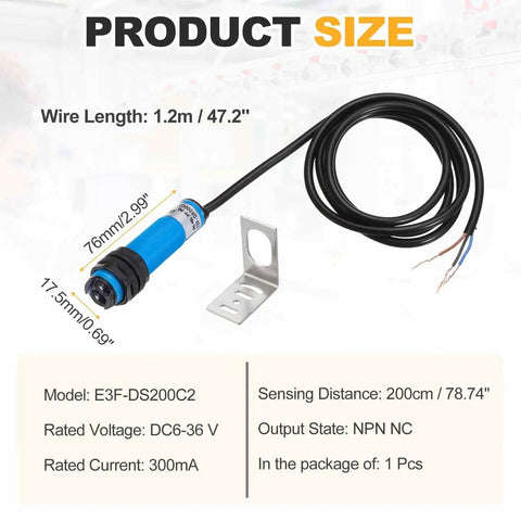 Industrial Grade Photoelectric Sensor M18 Diffuse Reflection with mounting bracket, 1.2m wire, DC6-36V, 200cm detection range.