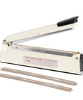 Heavy Duty Impulse Heat Sealer With 12 Inch Seal Bar And Built In Cutter Adjustable Temp For Plastic Bags on a white background.