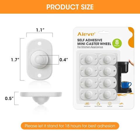 Aieve self-adhesive mini caster wheel set, 8-pack for kitchen appliances, white