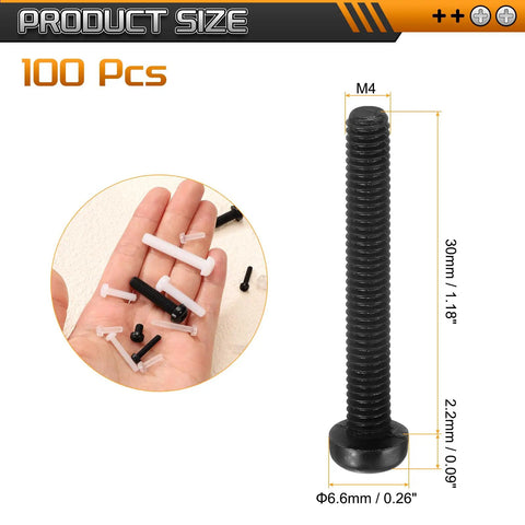 100 Pack M4x30mm Nylon Phillips Machine Screws Rock Solid Heavy Duty Fasteners in hand with white and black screws, size details included.