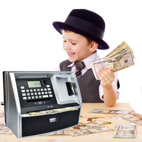 Child playing with Interactive Talking ATM Bank For Kids With Savings Piggy Bank Learn Deposits And Withdrawals Motorized Bill Feeder USB