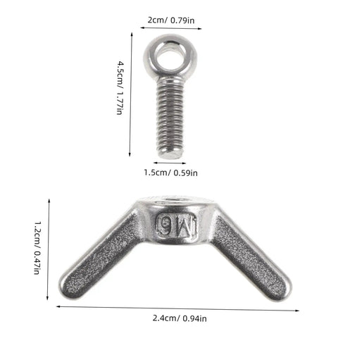 Detailed view of Six Piece M6 Stainless Steel Flange Butterfly Screws Kit With Holes For Locking And Fixing Electronics, dimensions shown