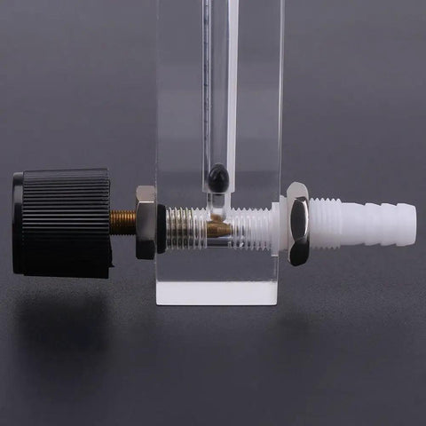 Gas Flow Meter 1 To 10 LPM With Control Valve For Oxygen And Air, Transparent Acrylic Meter With 8mm Hose Barb, side view