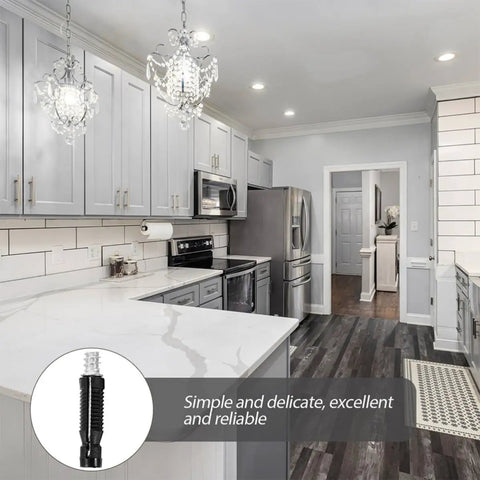 100 Piece Cam Lock Fittings With Invisible Hardware Self Tapping Cabinet Connectors And Nylon Wood Dowel Plugs displayed in modern kitchen setting.