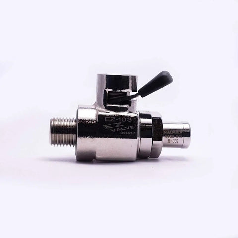 Close-up of Oil Drain Valve With Removable Hose End, 12mm-1.25 Fit, showing metal construction and sleek design