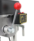 Close-up of 3 Speed Benchtop Drill Press For DIY Projects And Jewelry Making Electric Bench Drill speed control lever and dial