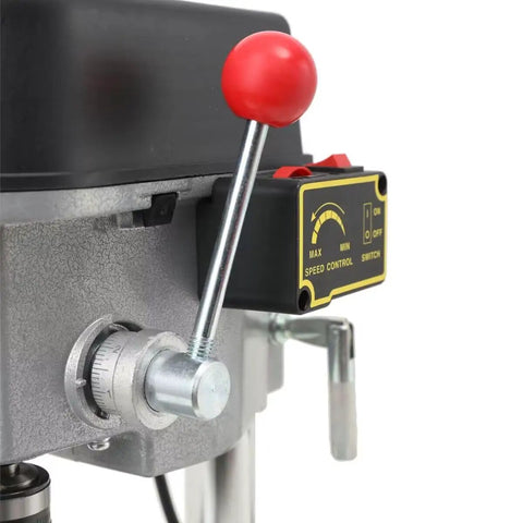 Close-up of 3 Speed Benchtop Drill Press For DIY Projects And Jewelry Making Electric Bench Drill speed control lever and dial