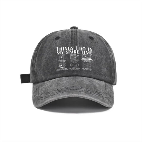 Funny RV Caravan Lover Travel Cap Lightweight Soft Cotton Baseball Hat with printed text, washed black color, front view