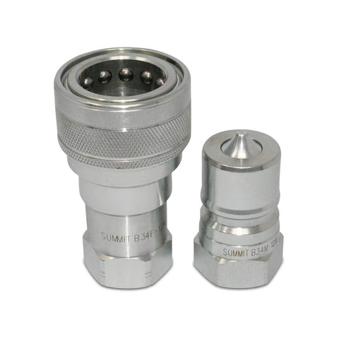 Set of two Summit hydraulic quick-disconnect couplers, 3/4 in NPT, ISO 7241-B, knurled metal bodies.