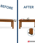 Before and after of table stability using Five Point Five Inch Prescored Leveling Furniture Shims 12 Pack No Brainer Anti Wobble Wedges