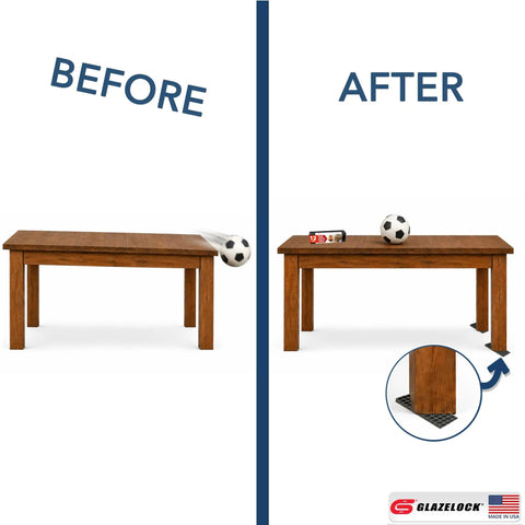Before and after of table stability using Five Point Five Inch Prescored Leveling Furniture Shims 12 Pack No Brainer Anti Wobble Wedges