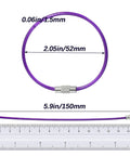 Close-up of a 5.9-inch purple wire keychain from 20 Pieces Stainless Steel Wire Keychains With Rubber Covered Cable Rings 1.5mm Thick 5.9 Inch Length For Luggage Tag Loops Multi Color Set Durable Elastic Wire Secure Fastening Travel Ready Everyday Carry with measurements.
