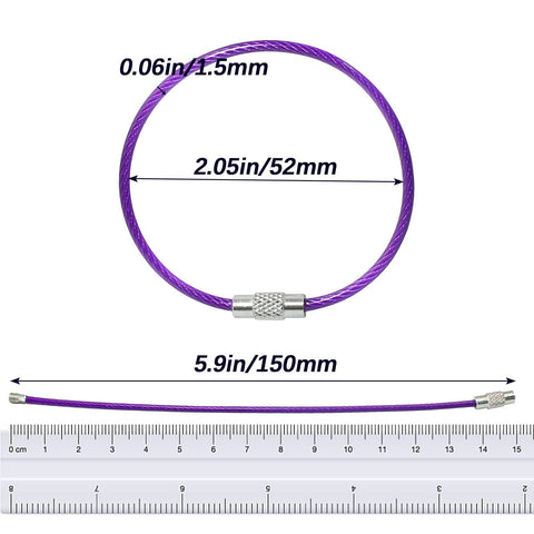 Close-up of a 5.9-inch purple wire keychain from 20 Pieces Stainless Steel Wire Keychains With Rubber Covered Cable Rings 1.5mm Thick 5.9 Inch Length For Luggage Tag Loops Multi Color Set Durable Elastic Wire Secure Fastening Travel Ready Everyday Carry with measurements.