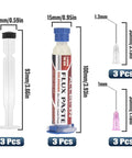 No Clean Soldering Flux 559 10cc 10mL Paste Syringe For Electronics Pro Grade With Needle Dispensing Tool Pack Of 3, showing sizes.