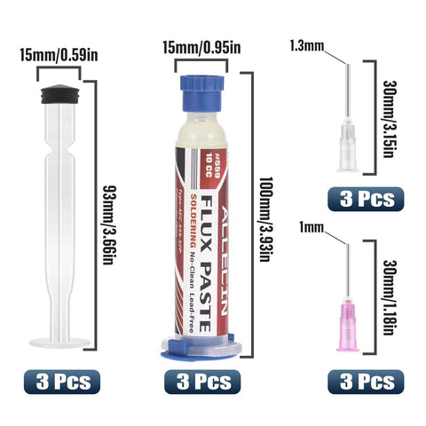 No Clean Soldering Flux 559 10cc 10mL Paste Syringe For Electronics Pro Grade With Needle Dispensing Tool Pack Of 3, showing sizes.