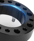 Badass 2 Inch 8x180 Wheel Spacers Forged Lug Centric Compatible With Chevy Silverado 2500HD And GMC Sierra 3500HD view showing black finish and bolt holes.
