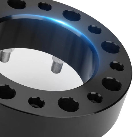Badass 2 Inch 8x180 Wheel Spacers Forged Lug Centric Compatible With Chevy Silverado 2500HD And GMC Sierra 3500HD view showing black finish and bolt holes.
