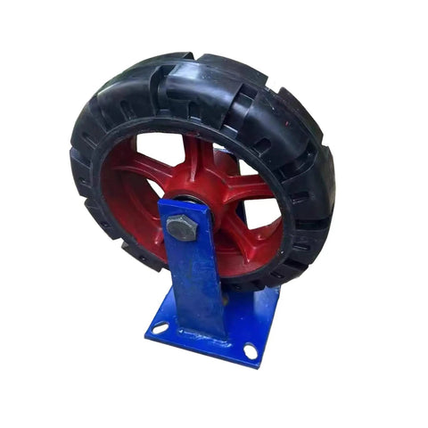 Built Tough Heavy Duty Industrial Casters Featuring Rock Solid Rubber Tires And Secure Swivel Plates, red wheel on blue base.