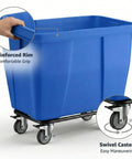 Solid Build Blue Cube Truck 12 Cubic Feet Heavy Duty Rolling Garbage Wagon With Easy Glide Swivel Casters Industrial Grade Laundry Cart, close-up of reinforced rim and swivel casters.