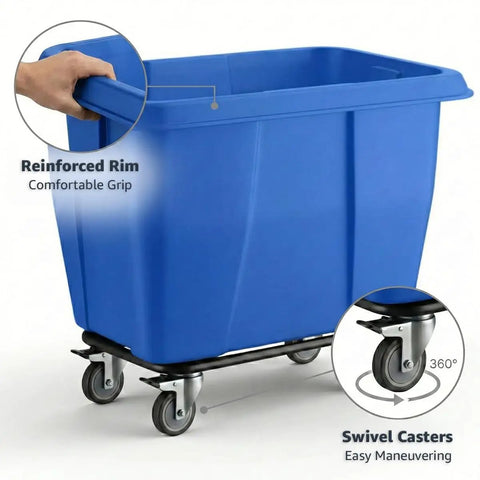 Solid Build Blue Cube Truck 12 Cubic Feet Heavy Duty Rolling Garbage Wagon With Easy Glide Swivel Casters Industrial Grade Laundry Cart, close-up of reinforced rim and swivel casters.