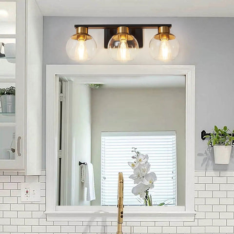 Three Light Black And Gold Vanity Light For Bathrooms Over Mirror With Globe Glass Shades, 22 Inch Modern Wall Sconce, E26 Base, Bulbs Not Included, Ideal For Bathroom, Hallway Or Bedroom