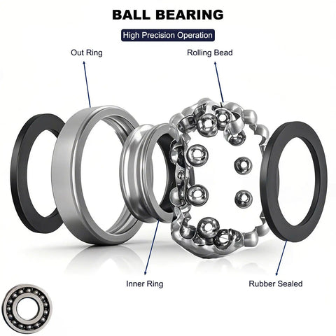 Diagram showing exploded view of ball bearing components including out ring, rolling bead, and inner ring with rubber seal, labeled "Ball Bearing, High Precision Operation."