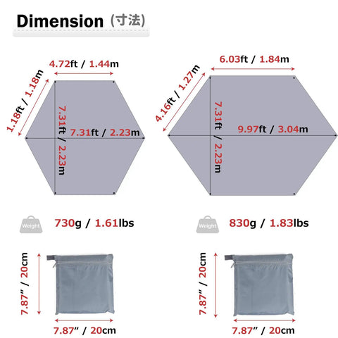 Dimensions and weight of Rugged All Weather Waterproof Tent Tarp Hexagon Rain Fly With Hammock Ground Cloth And Sunshade Mat Gray Large.