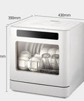 Compact Countertop Dishwasher With Four Smart Wash Cycles And Built In Water Tank Knocks Out Daily Cleanup Zero Hassle, white unit dimensions 43x39x46cm.