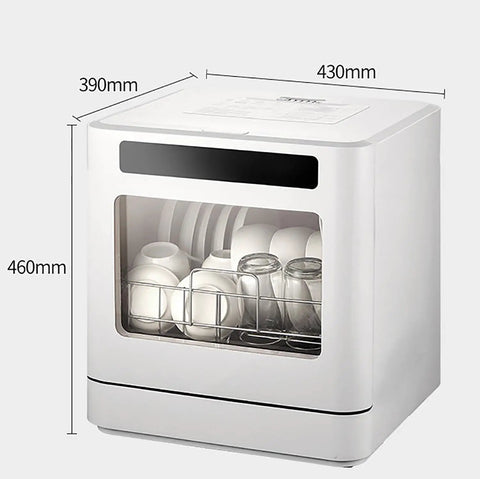 Compact Countertop Dishwasher With Four Smart Wash Cycles And Built In Water Tank Knocks Out Daily Cleanup Zero Hassle, white unit dimensions 43x39x46cm.