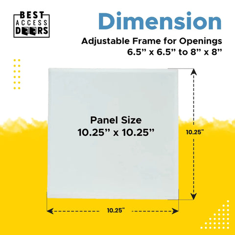 Top Tier 6.5 By 8 Inch Magnetic Wall Access Panel With Smooth Adjustable Frame And Heavy Duty 20 Gauge Steel Flush Door dimensions 10.25 x 10.25 inches.