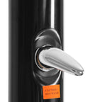 Close-up of black Solar Heated Outdoor Shower With Two Section Setup, 7.2Ft Tall And 5.5 Gallon Capacity, chrome handle visible