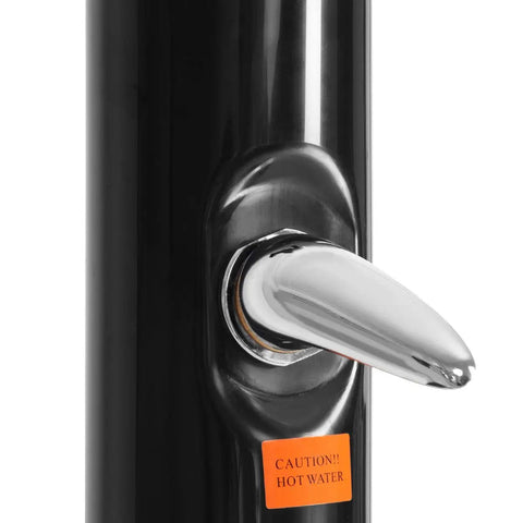 Close-up of black Solar Heated Outdoor Shower With Two Section Setup, 7.2Ft Tall And 5.5 Gallon Capacity, chrome handle visible
