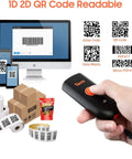 Rugged 2D Barcode Scanner Pocket Beast With 3 In 1 Bluetooth USB Wired And 2.4G Wireless IP66 Waterproof And Shockproof Portable Image Scanner For iOS Windows Android Fast Data Capture Anywhere You Go held by hand with devices and barcodes in background.