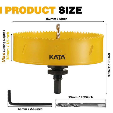 KATA 6-inch yellow hole saw for recessed lighting with dust bowl; includes drill bit and L-shaped hex key 3-piece set