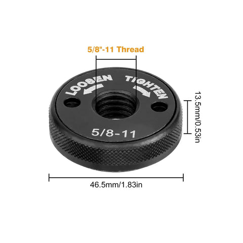 5/8-11 Inch Angle Grinder Flange Nut Set - Quick Release, Tool-Free Locking Nut with Thread Sizes and Loosen-Tighten Arrows