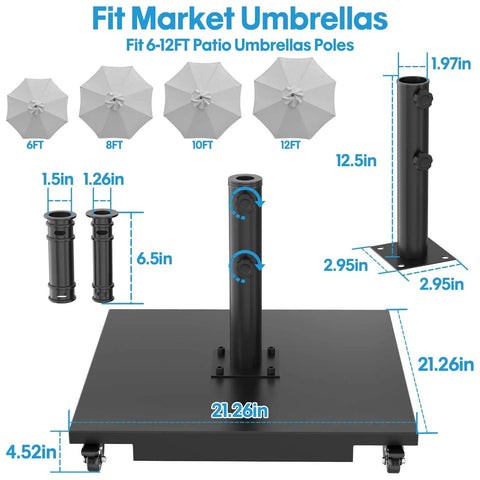 Heavy Duty Umbrella Base With Wheels Holds Up To 200 Lbs Built In Large Capacity Kettle Adjustable Sleeves For 6 To 12 Ft Umbrellas Outdoor Stand For Patio Deck Poolside And Lawn displayed with diagram and dimensions