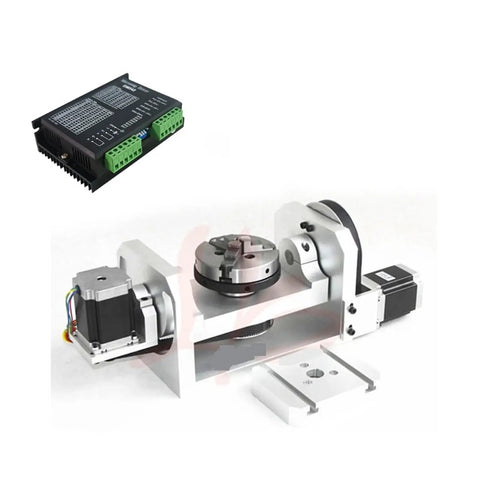 Image of Pro Grade CNC Router 5 Axis Rotary Chuck Kit with 100mm Three Jaw Chuck and DM542 Stepper Driver for precision machining.