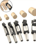 Heavy Duty Woodworking Tenon And Dowel Plug Cutters With Secure Hex Handle making clean holes shown with various sizes of wood plugs.