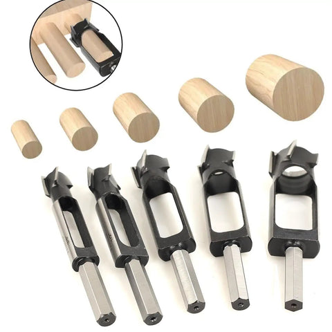 Heavy Duty Woodworking Tenon And Dowel Plug Cutters With Secure Hex Handle making clean holes shown with various sizes of wood plugs.