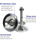 Rock Solid Heavy Duty Furniture Leveling Feet Built Tough With Heavy Hitter 304 Stainless Steel Adjustable Levelers close-up of thickened base and deep screw design.