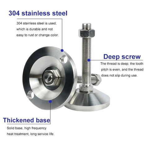 Rock Solid Heavy Duty Furniture Leveling Feet Built Tough With Heavy Hitter 304 Stainless Steel Adjustable Levelers close-up of thickened base and deep screw design.