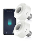 Smart WiFi Bulb Socket E26 2 Pack With Voice Control And Phone App Control, shown with smartphone app interface.