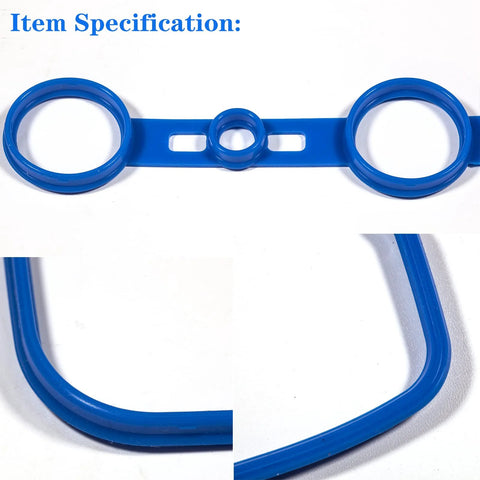 Front view of blue silicone valve cover gasket with two large circular openings and a central small ring.